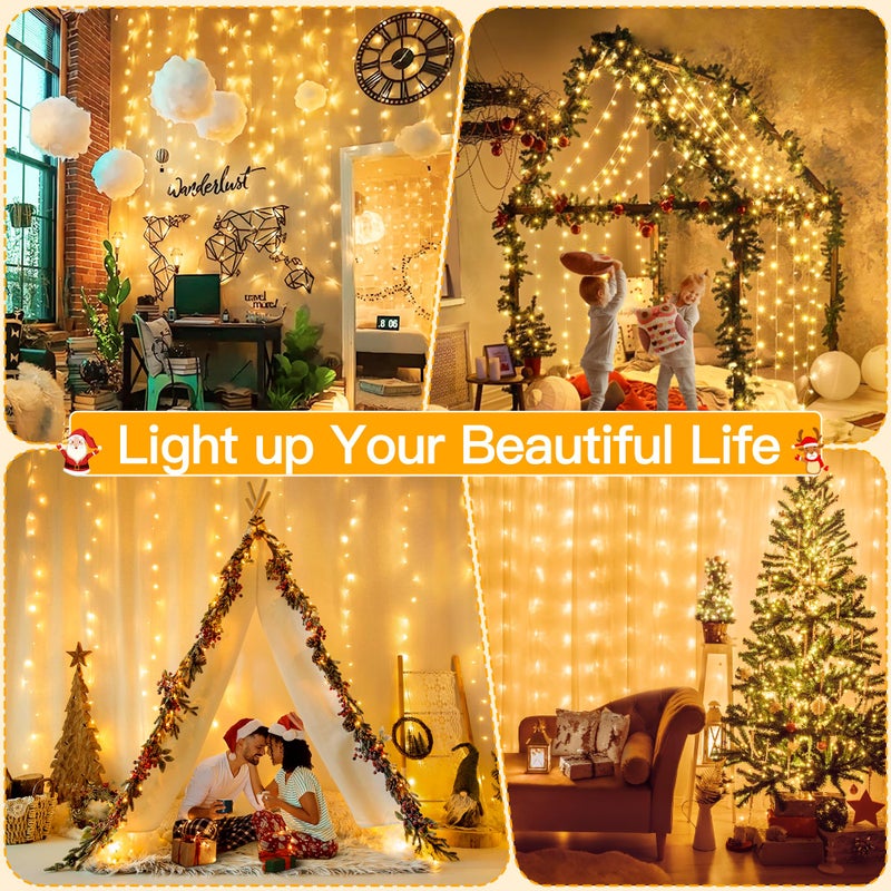 Ollny Christmas Curtain Lights 300 LED 9.8 FTx9.8 FT, Outdoor Waterproof Curtain String Lights with Remote Timer 8 Modes, USB Waterfall Window Lights for Wall Backdrop Home Decorations (Warm White) - Image 3
